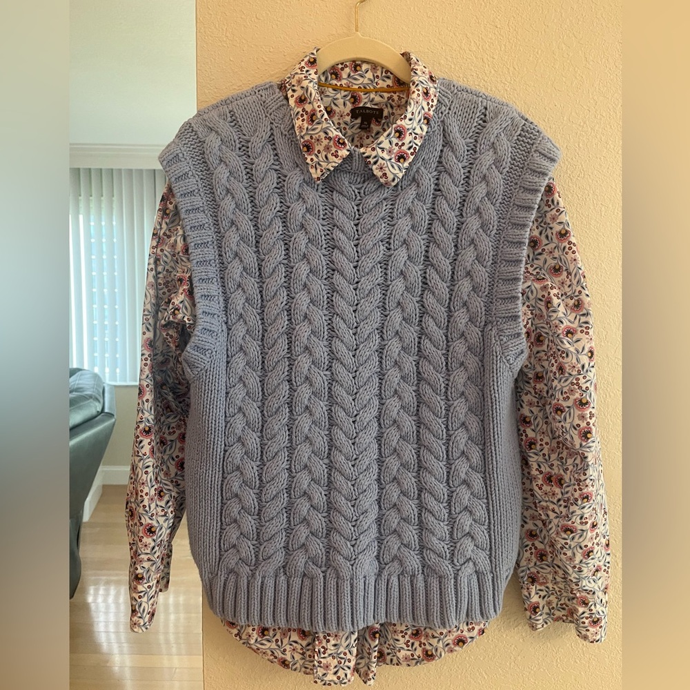 Talbots Print Shirt and Cable Vest